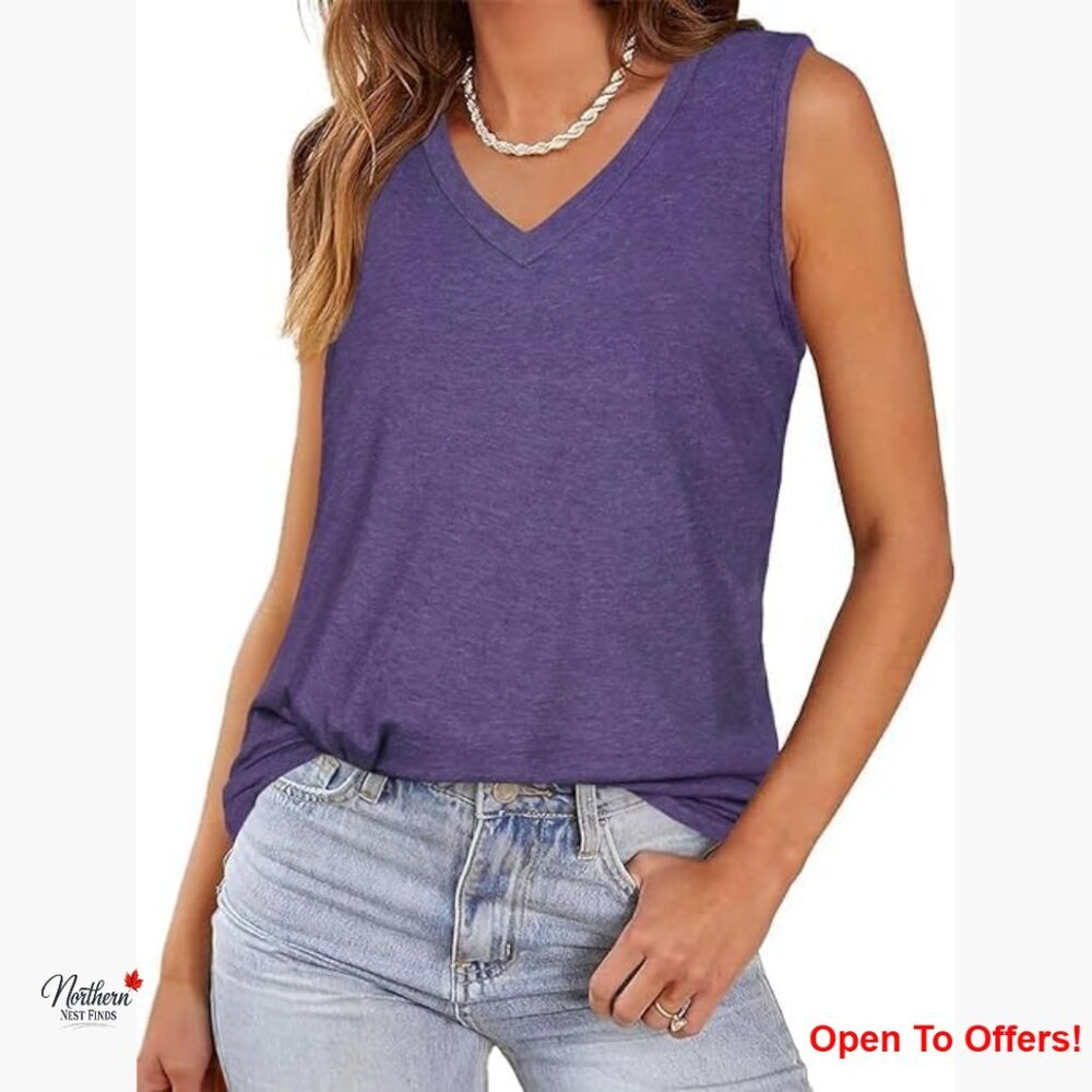Cotton Blend V-Neck Tank Top Dolphin Hem Loose Fit Tunic
